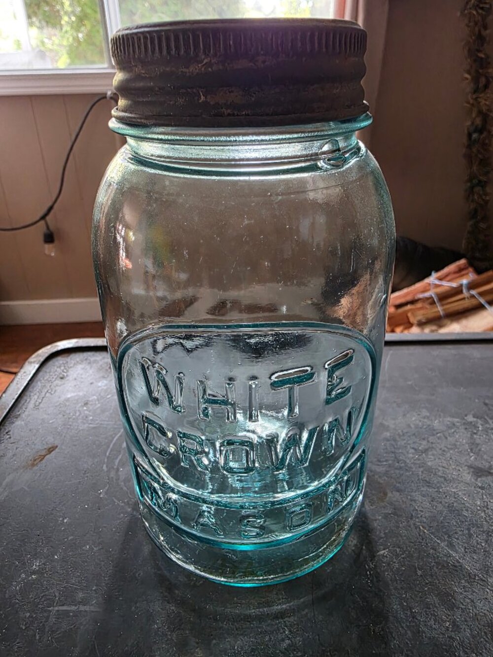Antique Vintage Aqua White Crown Mason Quart Jar with Zinc Lid White Top